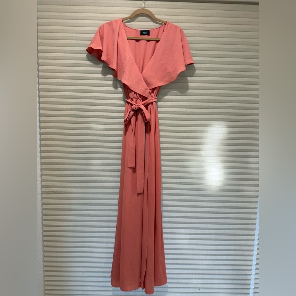 Vici Coral Wrap Maxi Dress with Tie Waist